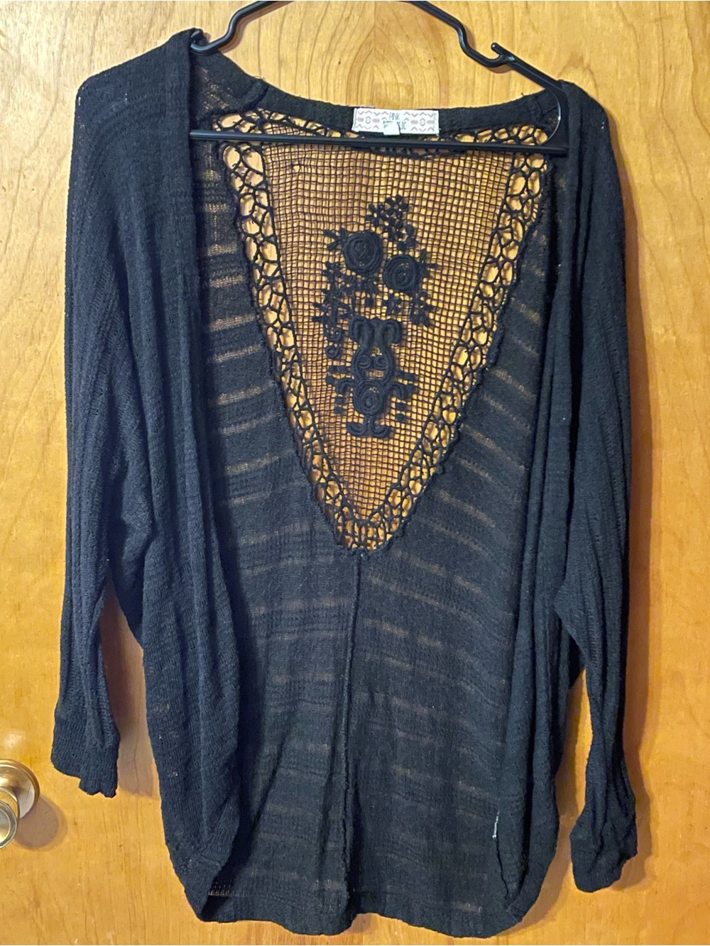 Pink Republic Black Sheer Knit Sweater with Crochet V-Back and Floral Appliqué